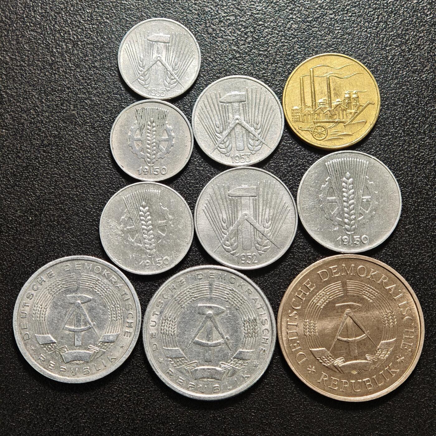 【德藏】世界币章拍卖第159期(元旦专场拍卖) 10枚一组 1950-69年 东德芬尼及马克铝币、铜币 好品相