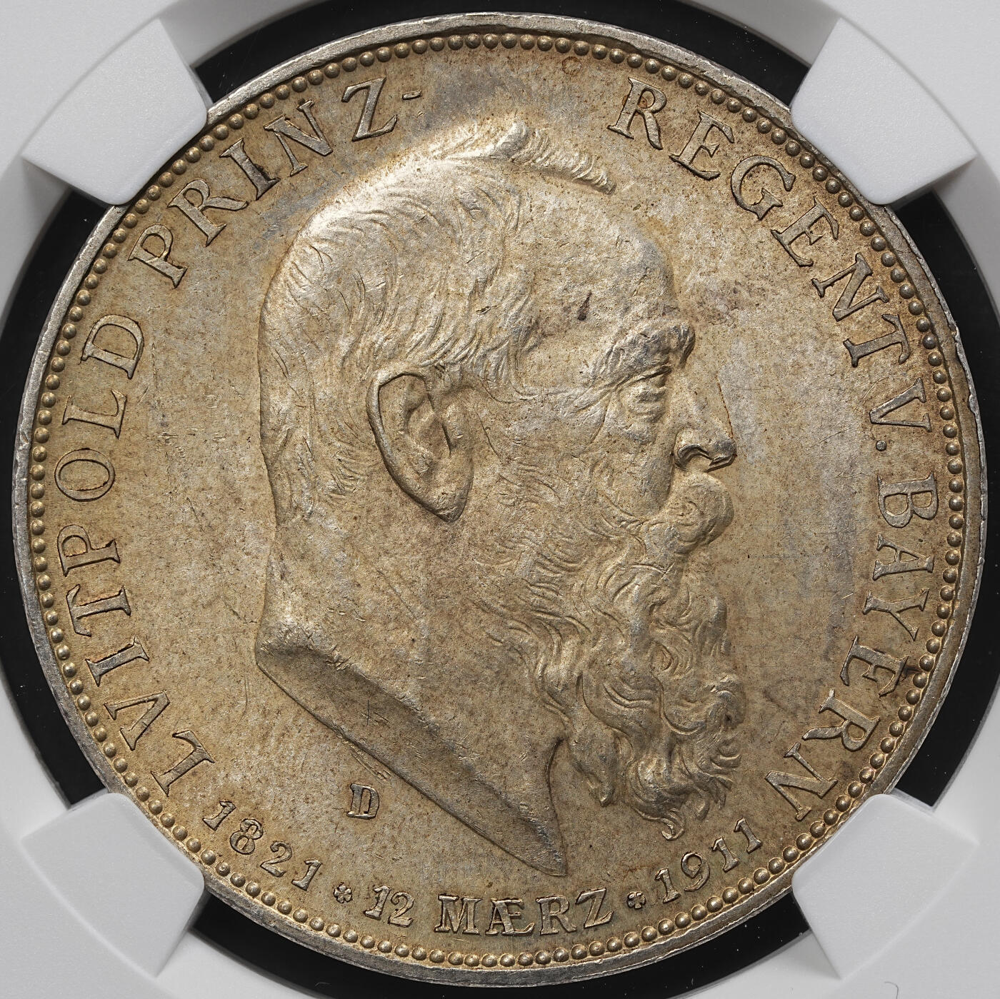 修遠堂世界钱币第九十九期 NGC MS62 1911年巴伐利亚摄政王90大寿纪念5马克大银币