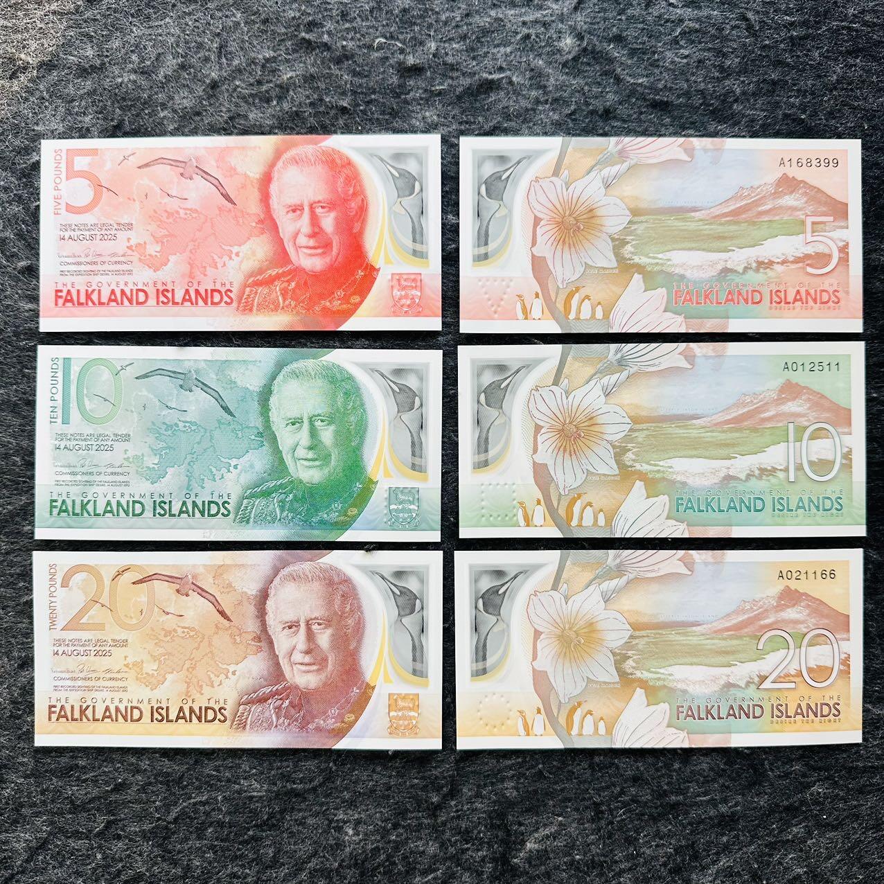 🇫🇯🇫🇰2530￥￥福克兰群岛2025年和斐济2026年全套Polymer塑料钞 福克兰群岛2025年5-10-20镑塑料钞，无47+双尾（399-511-166）