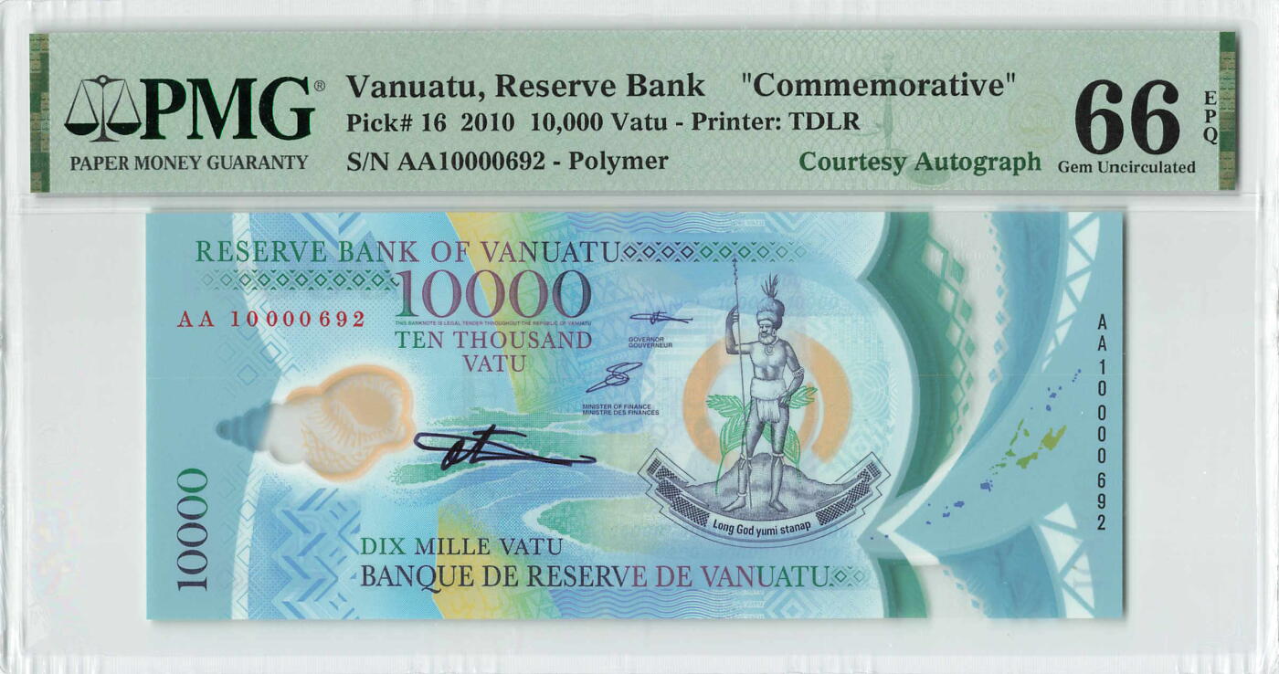 小福收藏拍卖第200期 【庆典场 中拍就有好礼相赠】评级币精选场 本期有捷克斯洛伐克20年100克朗慕夏作品大珍 69分倒置百位号布隆迪世界最大纸币  35年版加拿大经典 苏格兰格拉斯哥大学500年纪念钞倒置小号 卡塔尔80年100里亚尔冠军分 美国教育券 意大利拉斐尔 乌克兰 库克群岛 墨西哥 南斯拉夫 亚美尼亚等多国精美高分珍稀老钞精品纸币 瓦努阿图 2010年 10000瓦图 塑料纪念钞 亲笔签名版 AA首冠 无47 百位号 PMG66 EPQ