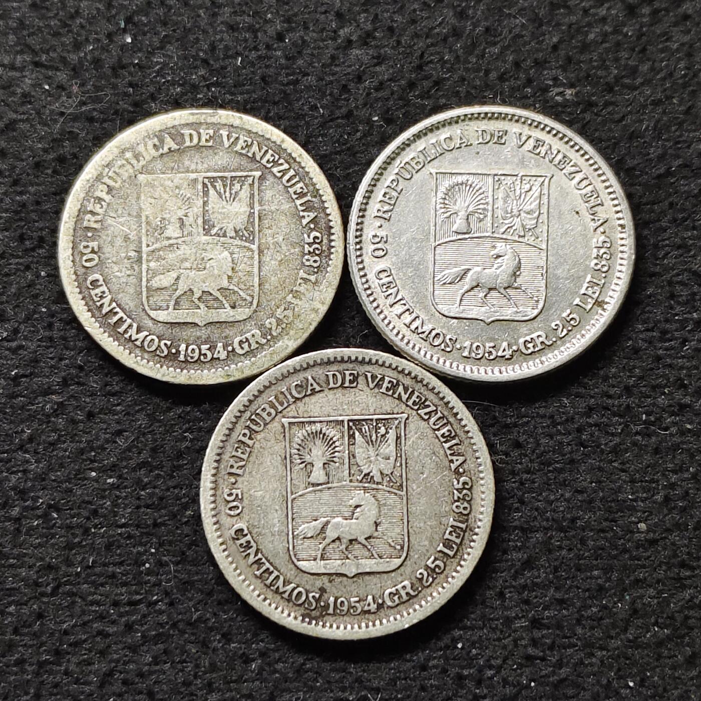 【全场包邮】纯粹捡漏拍490场（免费代拍第27场） 委内瑞拉1954年50分（18毫米2.5克）银币3枚一组