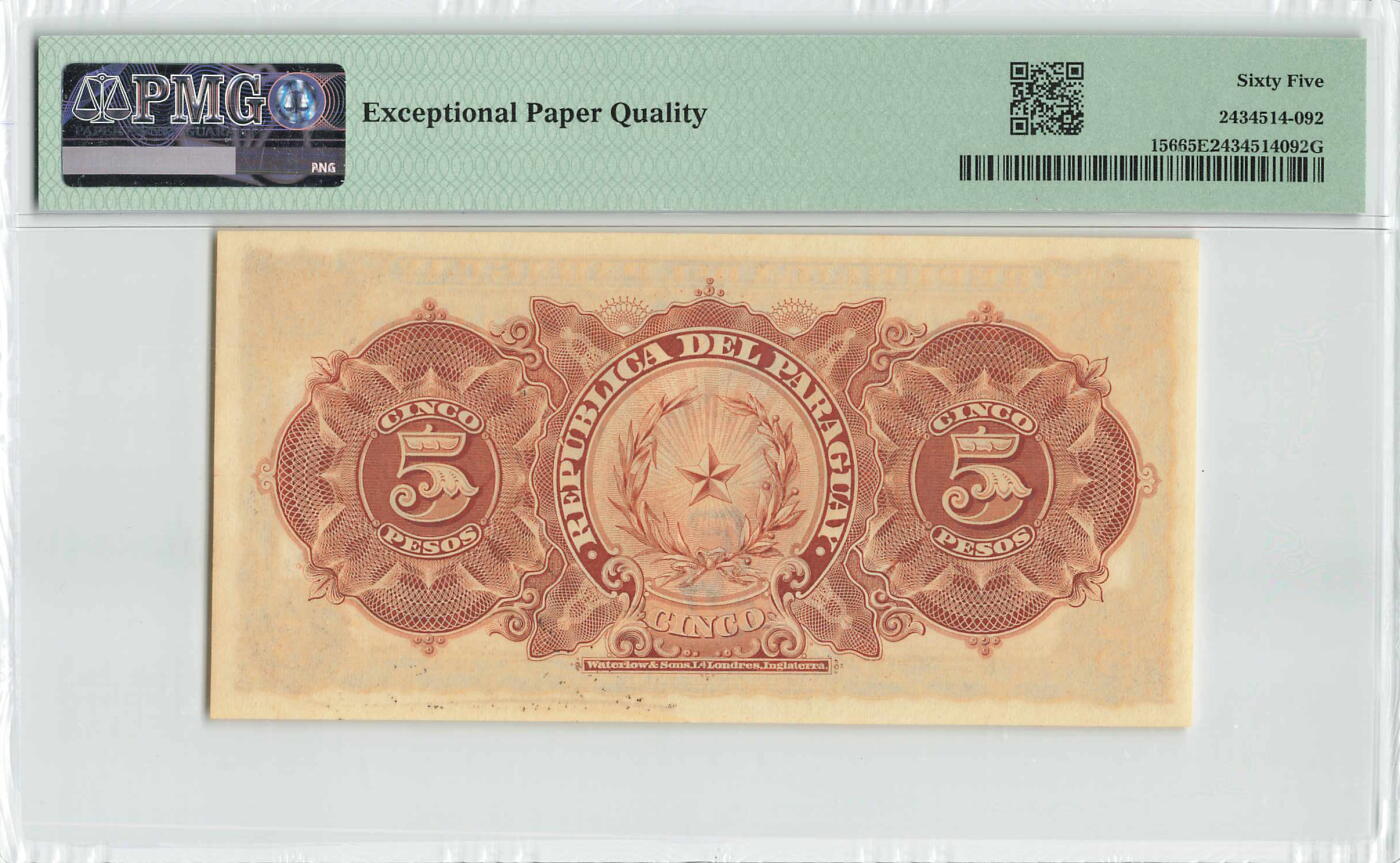 小福收藏拍卖第200期 【庆典场 中拍就有好礼相赠】评级币精选场 本期有捷克斯洛伐克20年100克朗慕夏作品大珍 69分倒置百位号布隆迪世界最大纸币  35年版加拿大经典 苏格兰格拉斯哥大学500年纪念钞倒置小号 卡塔尔80年100里亚尔冠军分 美国教育券 意大利拉斐尔 乌克兰 库克群岛 墨西哥 南斯拉夫 亚美尼亚等多国精美高分珍稀老钞精品纸币 巴拉圭 1907年 5比索 无47 PMG65 EPQ 季军分