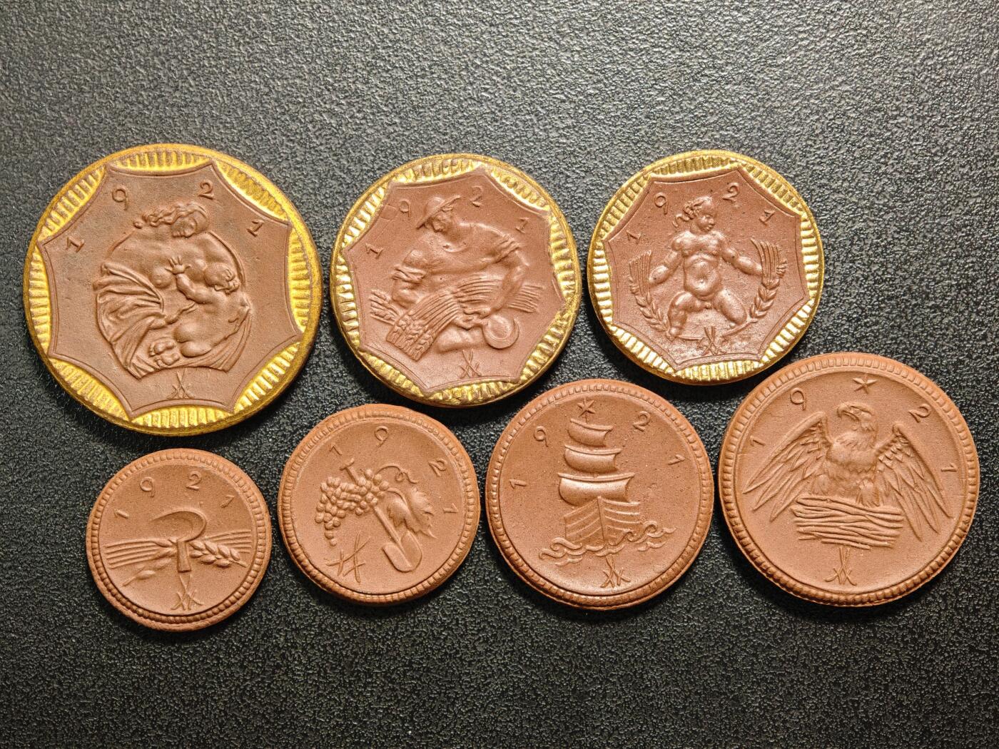 【德藏】世界币章拍卖第159期(元旦专场拍卖) 1921年 德国德紧萨克森陶瓷币一套7枚 原盒 (面值为：20、50芬尼；1、2、5、10、20马克)