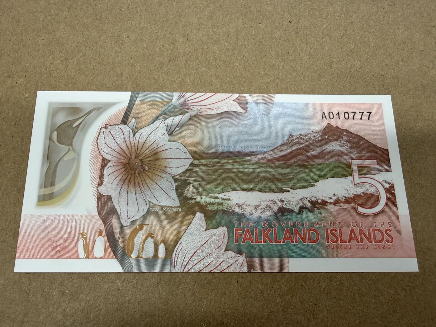 🐍甜小邱世界纸币收藏🐍第138期精品场💐 首发冠A+777豹子号 全新UNC 福克兰群岛 5镑 查尔斯国王 2025最新版塑料钞