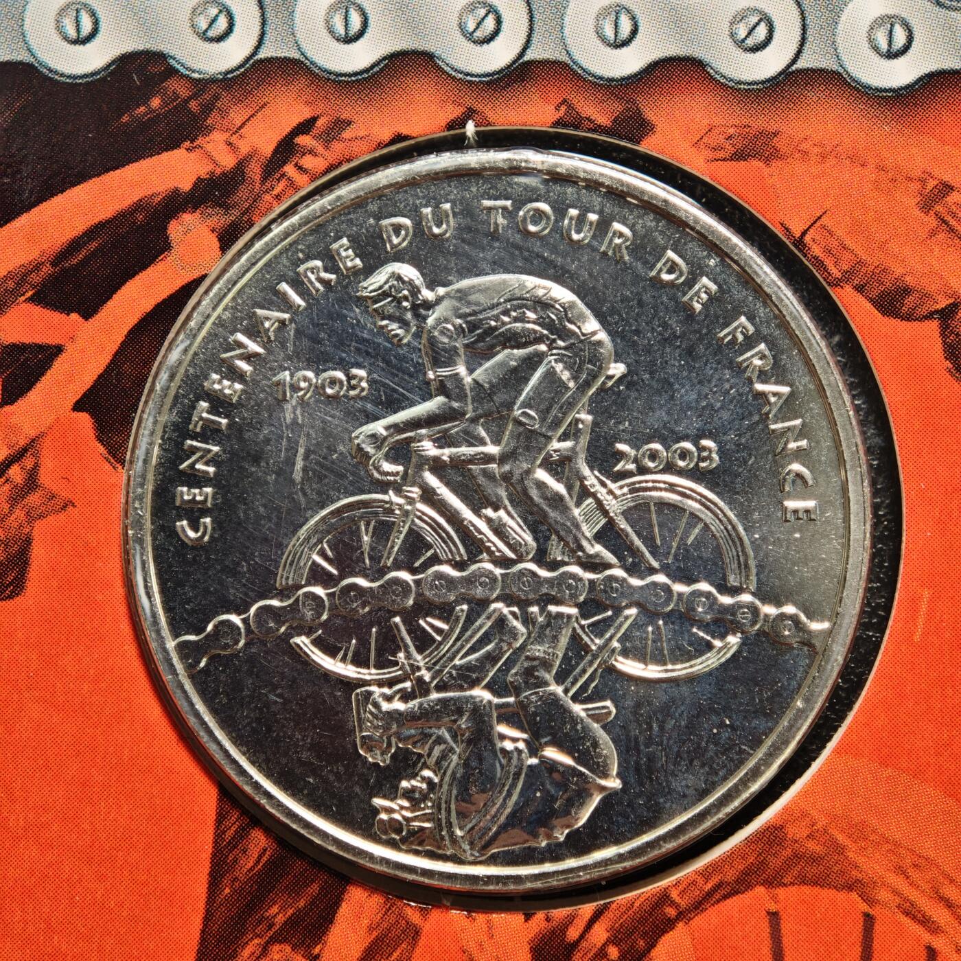 【德藏】世界币章拍卖第159期(元旦专场拍卖) 4枚一组 2003年 法国环法自行车赛百年纪念银币(2枚) 1998年 法国世界杯1法郎纪念币 1998年 日本长野冬奥会5000日元纪念银币 好品相