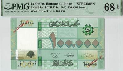 小福收藏拍卖第200期 【庆典场 中拍就有好礼相赠】评级币精选场 本期有捷克斯洛伐克20年100克朗慕夏作品大珍 69分倒置百位号布隆迪世界最大纸币  35年版加拿大经典 苏格兰格拉斯哥大学500年纪念钞倒置小号 卡塔尔80年100里亚尔冠军分 美国教育券 意大利拉斐尔 乌克兰 库克群岛 墨西哥 南斯拉夫 亚美尼亚等多国精美高分珍稀老钞精品纸币 - 黎巴嫩 2020年 100000里弗 样钞 PMG68 EPQ 冠军分！！！