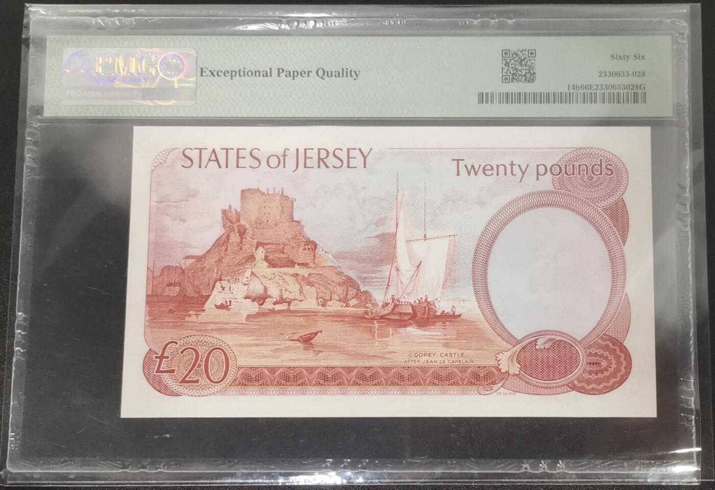 《艾美收藏》第226期-12.28周日外币精品场-蛇年收官 泽西1976-88年20镑最高值PMG66E 女王钞精品 Pick#14b