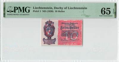 小福收藏拍卖第198期 评级币精选场  本期有菲律宾百位靓号100000比索超大纪念钞 苏里南25000盾花鸟版最高值 柬埔寨珍品56年50瑞尔 南越未发行版最高值打飞机  巴哈马彩背 老挝中国代印57年样钞 匈牙利 斯洛伐克 法罗群岛等多国精美高分珍稀老钞精品纸币 - 列支敦士登 1920年 10赫勒 百年老钞 PMG65 EPQ 季军分