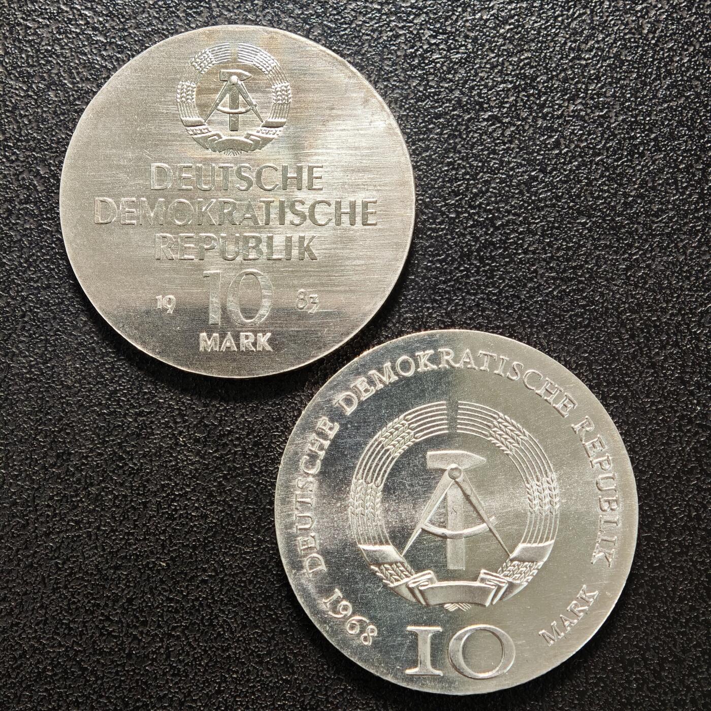 【德藏】世界币章拍卖第159期(元旦专场拍卖) 2枚一组 1983年 东德作曲家理查德·瓦格纳逝世百年10马克纪念银币 1968年 东德约翰·古腾堡逝世500周年10马克纪念银币 品相极佳