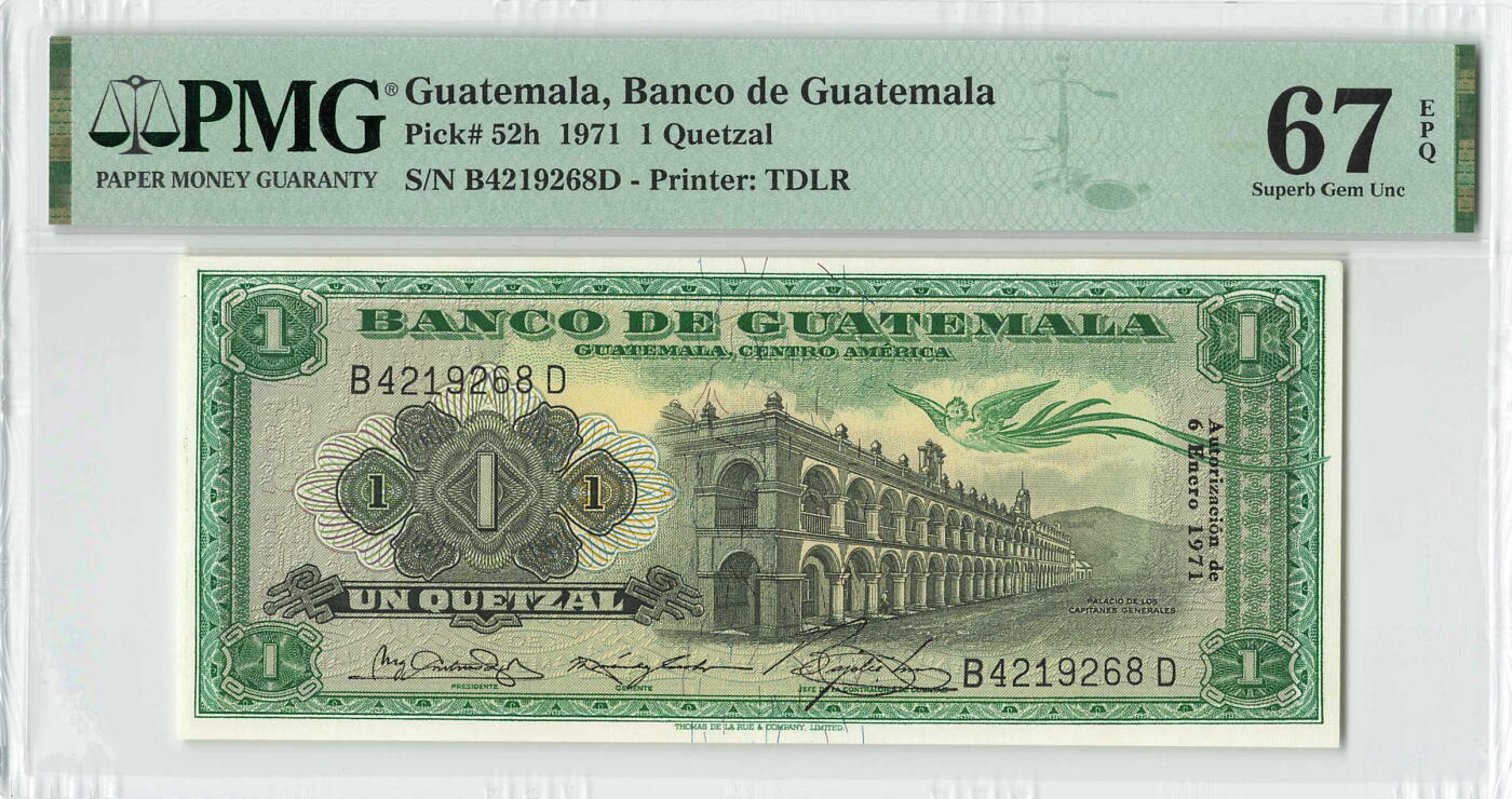 小福收藏拍卖第198期 评级币精选场  本期有菲律宾百位靓号100000比索超大纪念钞 苏里南25000盾花鸟版最高值 柬埔寨珍品56年50瑞尔 南越未发行版最高值打飞机  巴哈马彩背 老挝中国代印57年样钞 匈牙利 斯洛伐克 法罗群岛等多国精美高分珍稀老钞精品纸币 危地马拉 1971年 1格查尔 少见 尾8 PMG67 EPQ 冠军分！！！