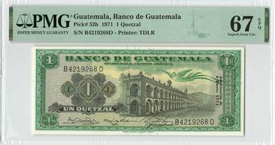 小福收藏拍卖第198期 评级币精选场  本期有菲律宾百位靓号100000比索超大纪念钞 苏里南25000盾花鸟版最高值 柬埔寨珍品56年50瑞尔 南越未发行版最高值打飞机  巴哈马彩背 老挝中国代印57年样钞 匈牙利 斯洛伐克 法罗群岛等多国精美高分珍稀老钞精品纸币 - 危地马拉 1971年 1格查尔 少见 尾8 PMG67 EPQ 冠军分！！！