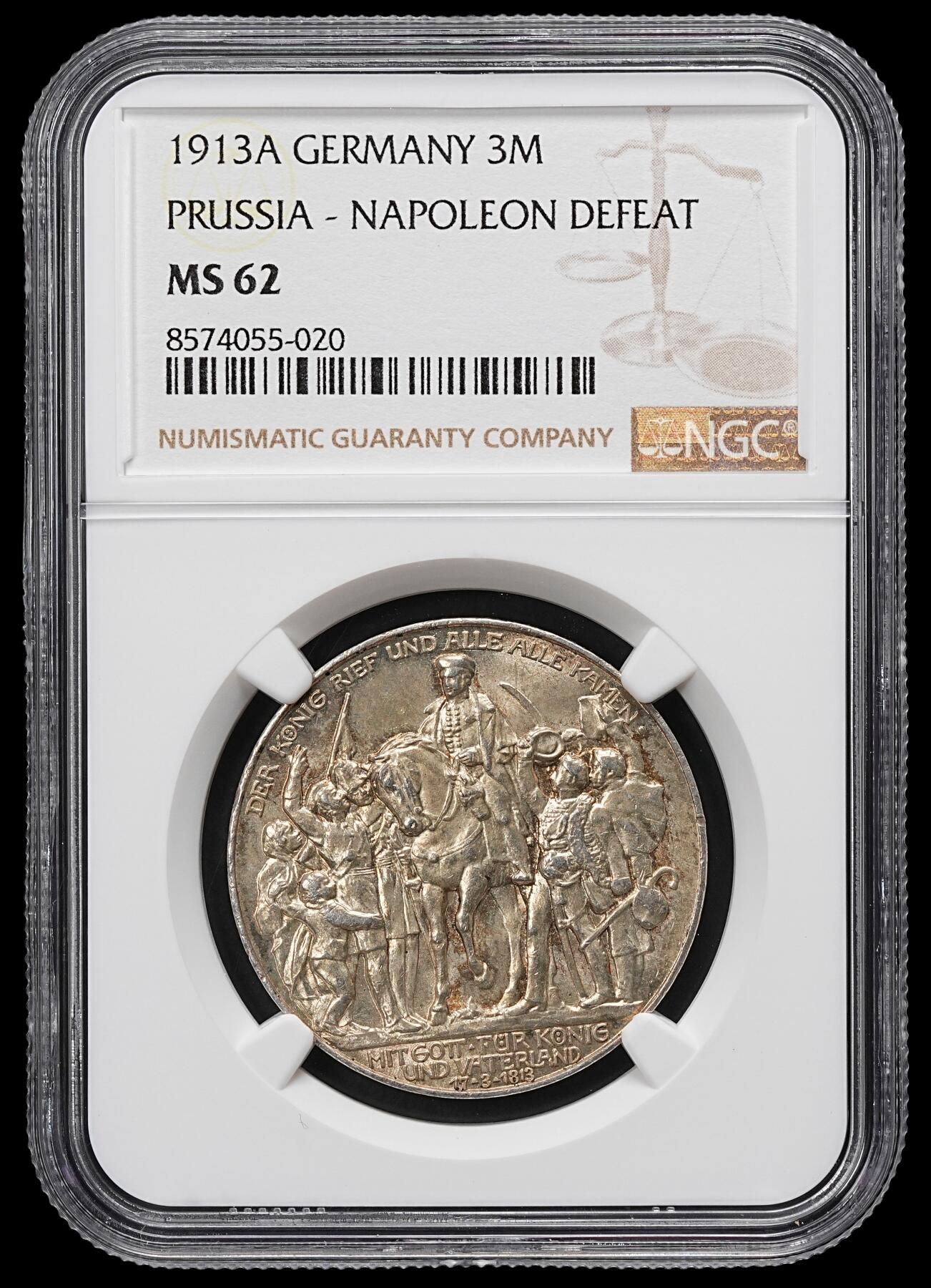 修遠堂世界钱币第九十九期 NGC MS62 1913年普鲁士战胜拿破仑100周年纪念3马克银币