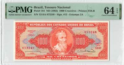 小福收藏拍卖第200期 【庆典场 中拍就有好礼相赠】评级币精选场 本期有捷克斯洛伐克20年100克朗慕夏作品大珍 69分倒置百位号布隆迪世界最大纸币  35年版加拿大经典 苏格兰格拉斯哥大学500年纪念钞倒置小号 卡塔尔80年100里亚尔冠军分 美国教育券 意大利拉斐尔 乌克兰 库克群岛 墨西哥 南斯拉夫 亚美尼亚等多国精美高分珍稀老钞精品纸币 - 巴西 1963年 1000克鲁塞罗 尾8 PMG64 EPQ