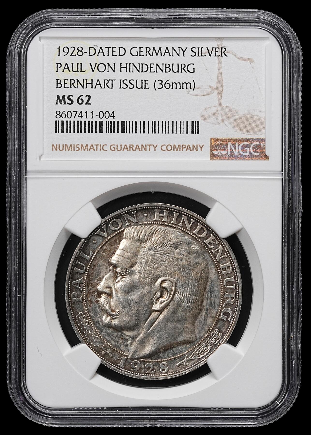 修遠堂世界钱币第九十九期 NGC MS62 1928年兴登堡80大寿纪念银章 伯恩哈特设计制版，明显少于卡尔歌茨版