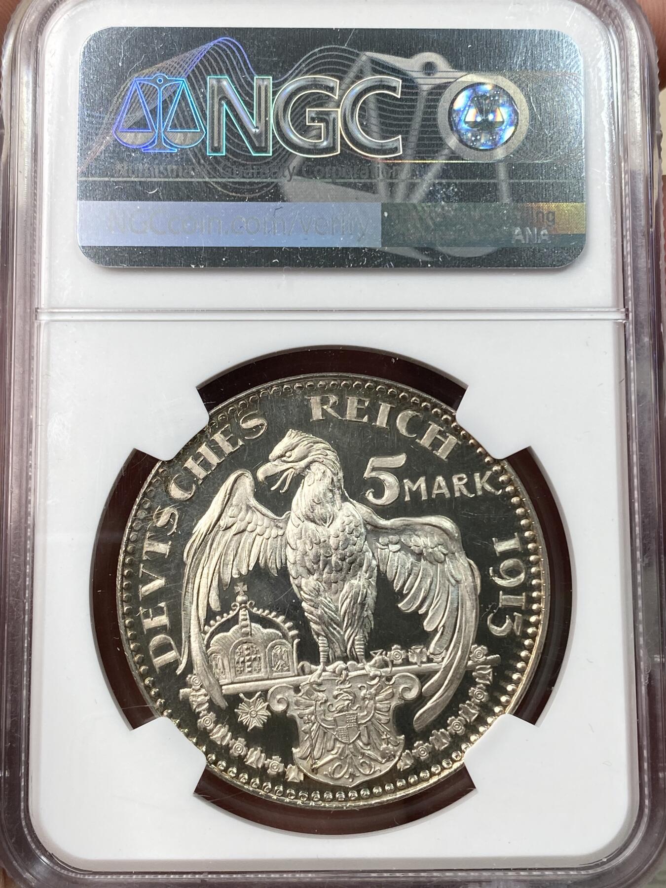 万国钱币拍卖第058期（万国新年大拍） NGC PF64CAM 1913年德国巴伐利亚路德维希三世5马克镀银样币 卡尔哥茨作品 难得CAM高浮雕镜面喷砂状态 典藏级品质