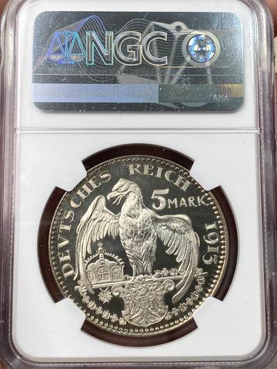 万国钱币拍卖第058期（万国新年大拍） NGC PF64CAM 1913年德国巴伐利亚路德维希三世5马克镀银样币 卡尔哥茨作品 难得CAM高浮雕镜面喷砂状态 典藏级品质