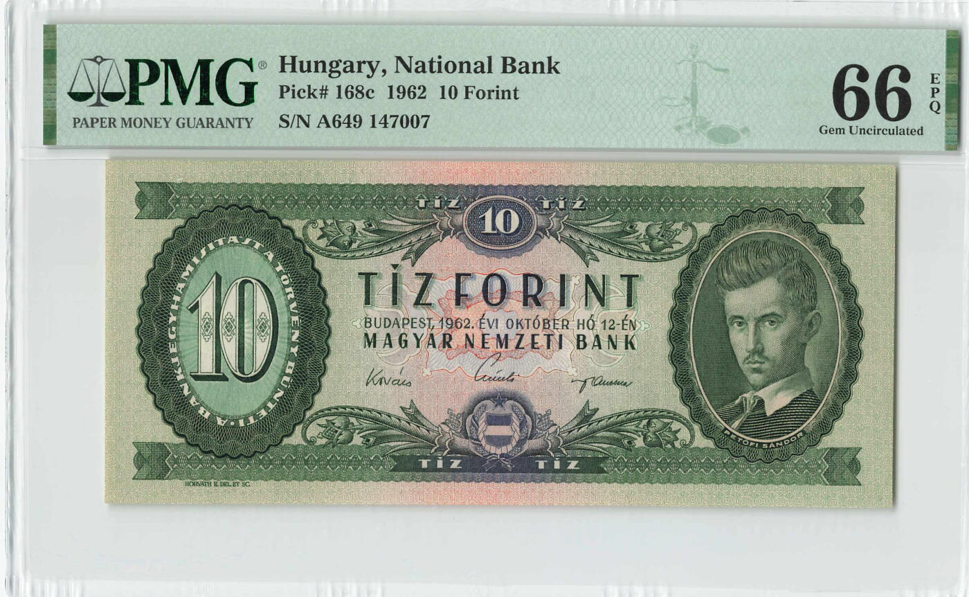 小福收藏拍卖第200期 【庆典场 中拍就有好礼相赠】评级币精选场 本期有捷克斯洛伐克20年100克朗慕夏作品大珍 69分倒置百位号布隆迪世界最大纸币  35年版加拿大经典 苏格兰格拉斯哥大学500年纪念钞倒置小号 卡塔尔80年100里亚尔冠军分 美国教育券 意大利拉斐尔 乌克兰 库克群岛 墨西哥 南斯拉夫 亚美尼亚等多国精美高分珍稀老钞精品纸币 匈牙利 1962年 10福林 A冠 PMG66 EPQ