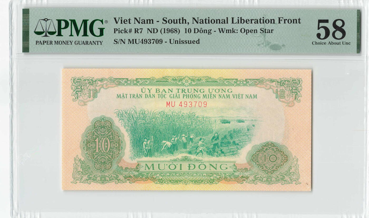 小福收藏拍卖第198期 评级币精选场  本期有菲律宾百位靓号100000比索超大纪念钞 苏里南25000盾花鸟版最高值 柬埔寨珍品56年50瑞尔 南越未发行版最高值打飞机  巴哈马彩背 老挝中国代印57年样钞 匈牙利 斯洛伐克 法罗群岛等多国精美高分珍稀老钞精品纸币 南越 1968年 10盾 未发行 中国代印 解放区流通券 PMG58