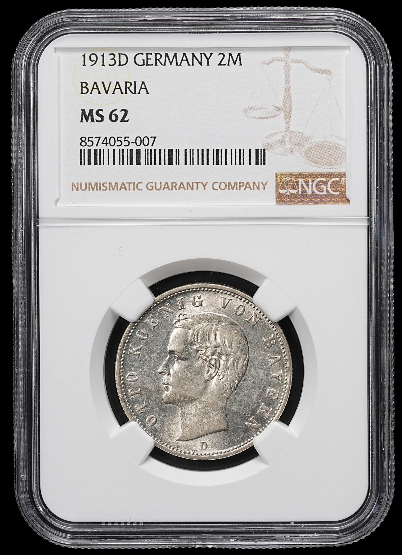 修遠堂世界钱币第九十九期 NGC MS62 1913年巴伐利亚2马克银币 稀少的年份 铸造量不到10万枚