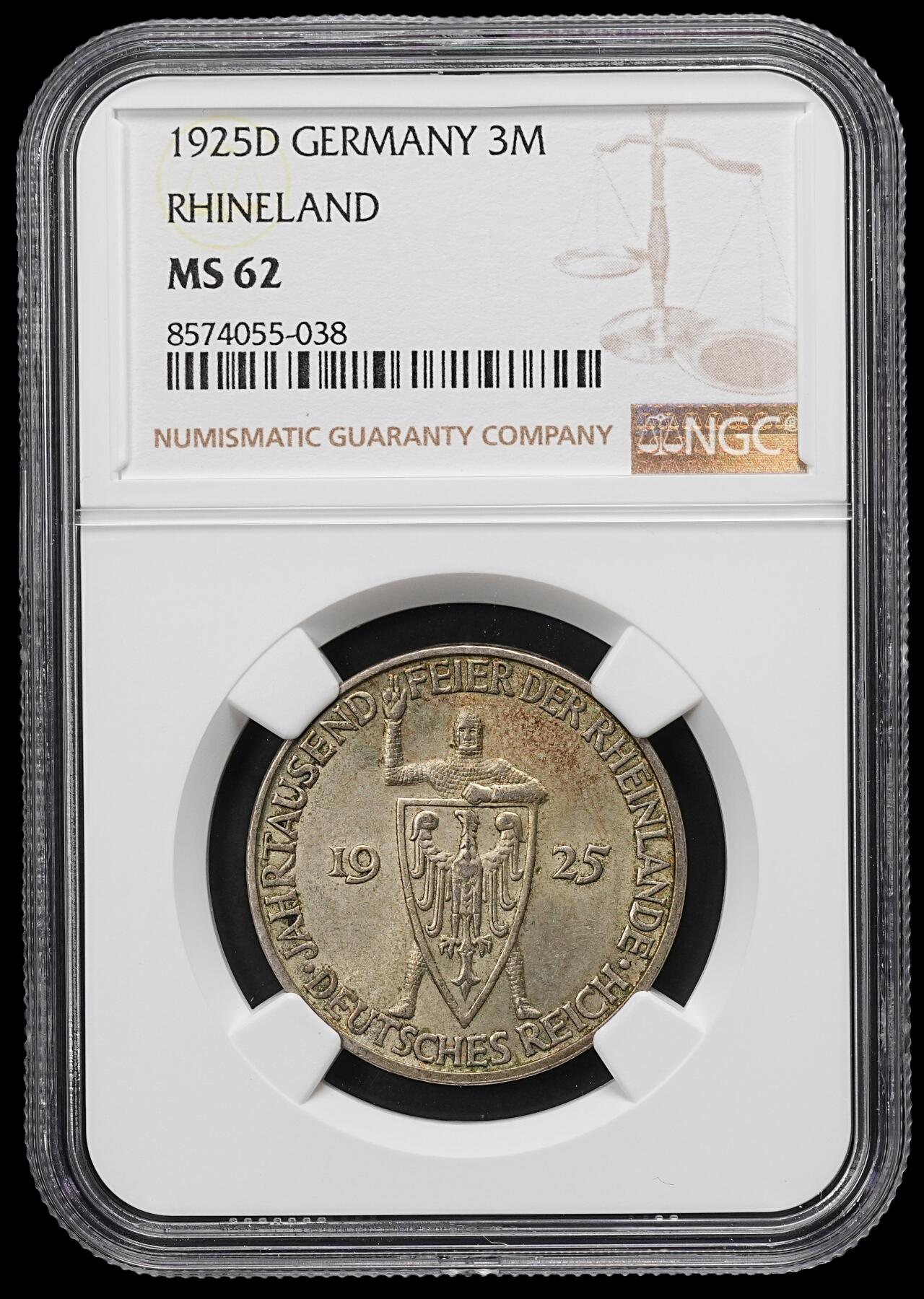 修遠堂世界钱币第九十九期 NGC MS62 1925年德国魏玛共和国-莱茵兰千年纪念3马克银币 D厂铭