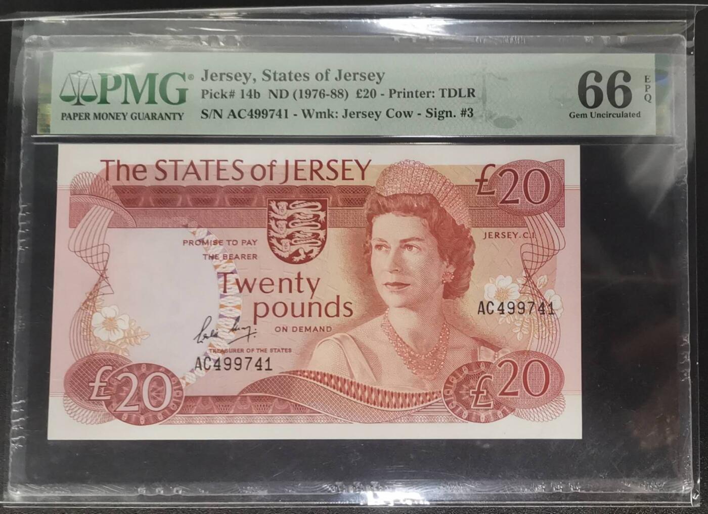 《艾美收藏》第226期-12.28周日外币精品场-蛇年收官 泽西1976-88年20镑最高值PMG66E 女王钞精品 Pick#14b