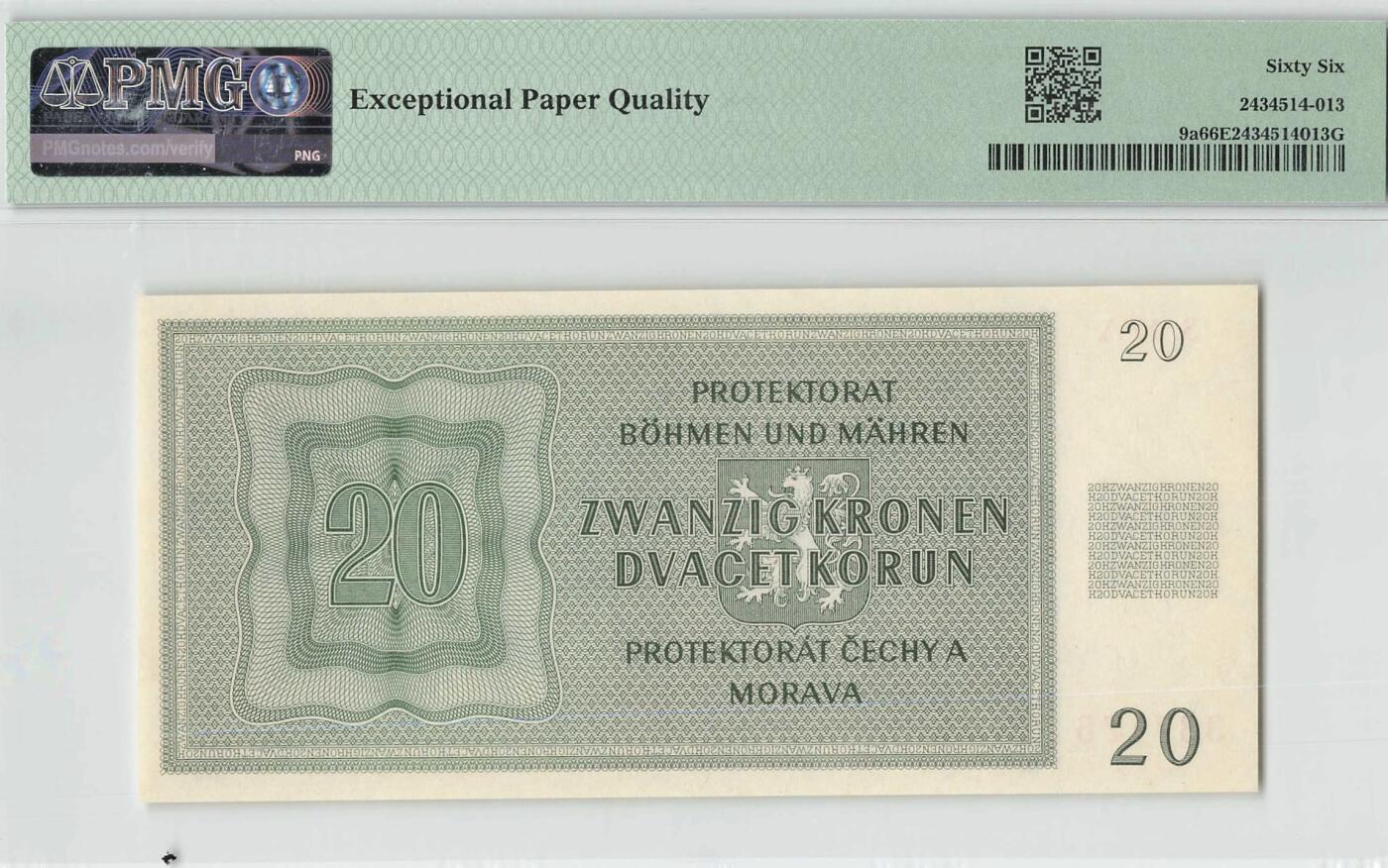 小福收藏拍卖第198期 评级币精选场  本期有菲律宾百位靓号100000比索超大纪念钞 苏里南25000盾花鸟版最高值 柬埔寨珍品56年50瑞尔 南越未发行版最高值打飞机  巴哈马彩背 老挝中国代印57年样钞 匈牙利 斯洛伐克 法罗群岛等多国精美高分珍稀老钞精品纸币 波西米亚和摩拉维亚 1944年 20克朗 PMG66 EPQ 亚军分