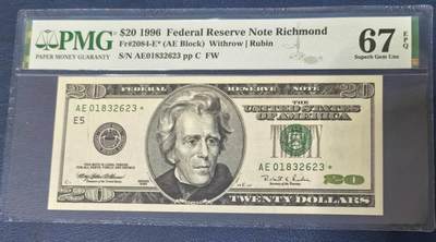 Super Gem Unc 美国纸币 1996年 20美元纸币 星号 Pmg67 - Super Gem Unc 美国纸币 1996年 20美元纸币 星号 Pmg67