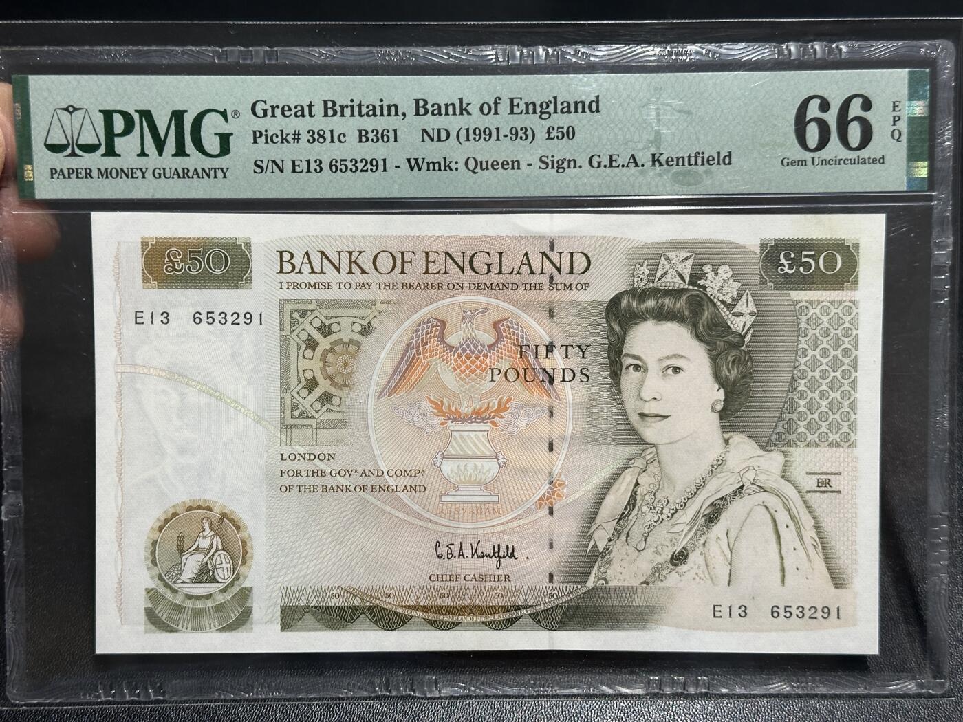 《外钞收藏家》第五百九十七期（年底收官场）（本平台长期征集拍品、欢迎藏友们联系合作） 1991-93年英国D序列50镑 PMG66 无47靓号（381c）