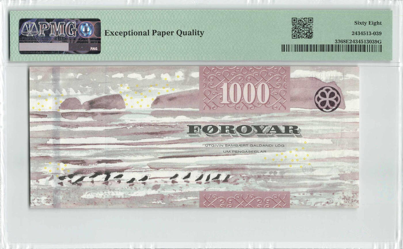 小福收藏拍卖第198期 评级币精选场  本期有菲律宾百位靓号100000比索超大纪念钞 苏里南25000盾花鸟版最高值 柬埔寨珍品56年50瑞尔 南越未发行版最高值打飞机  巴哈马彩背 老挝中国代印57年样钞 匈牙利 斯洛伐克 法罗群岛等多国精美高分珍稀老钞精品纸币 法罗群岛 2011年 1000克朗 PMG68 EPQ