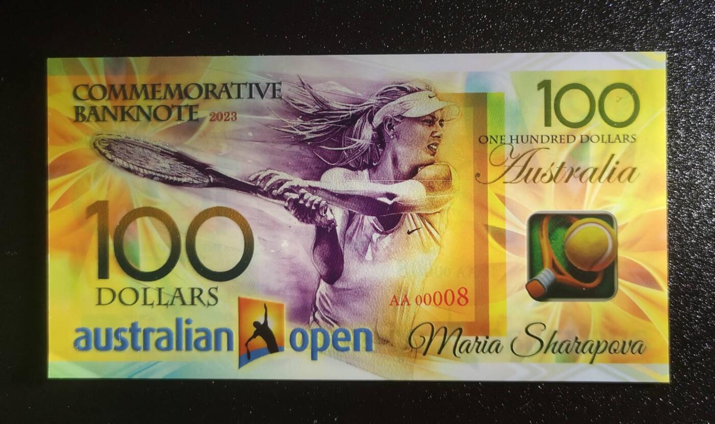 《艾美收藏》第226期-12.28周日外币精品场-蛇年收官 莎拉波娃2023年澳网纪念钞AA冠100元UNC超靓00008号 左下角极轻微压痕