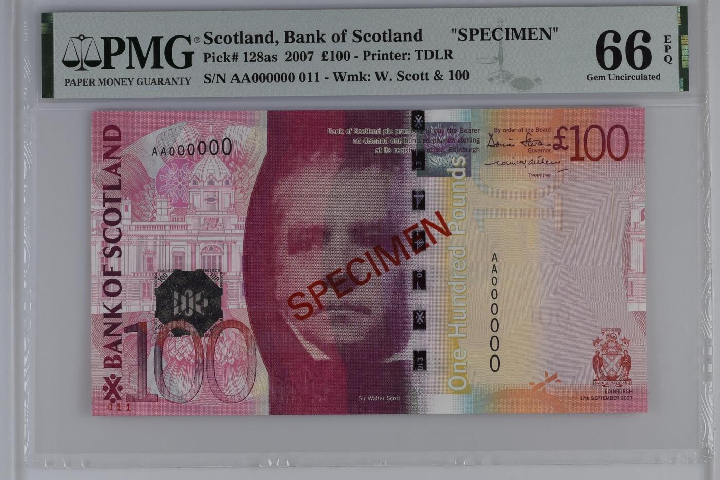 🐍甜小邱世界纸币收藏🐍第138期精品场💐 稀少样钞 PMG66 苏格兰 100镑 2007大桥版