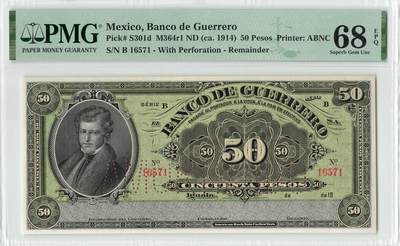 小福收藏拍卖第200期 【庆典场 中拍就有好礼相赠】评级币精选场 本期有捷克斯洛伐克20年100克朗慕夏作品大珍 69分倒置百位号布隆迪世界最大纸币  35年版加拿大经典 苏格兰格拉斯哥大学500年纪念钞倒置小号 卡塔尔80年100里亚尔冠军分 美国教育券 意大利拉斐尔 乌克兰 库克群岛 墨西哥 南斯拉夫 亚美尼亚等多国精美高分珍稀老钞精品纸币 - 墨西哥 1914年 50比索 罕见 库存票 PMG68 EPQ 唯1冠军分！！！