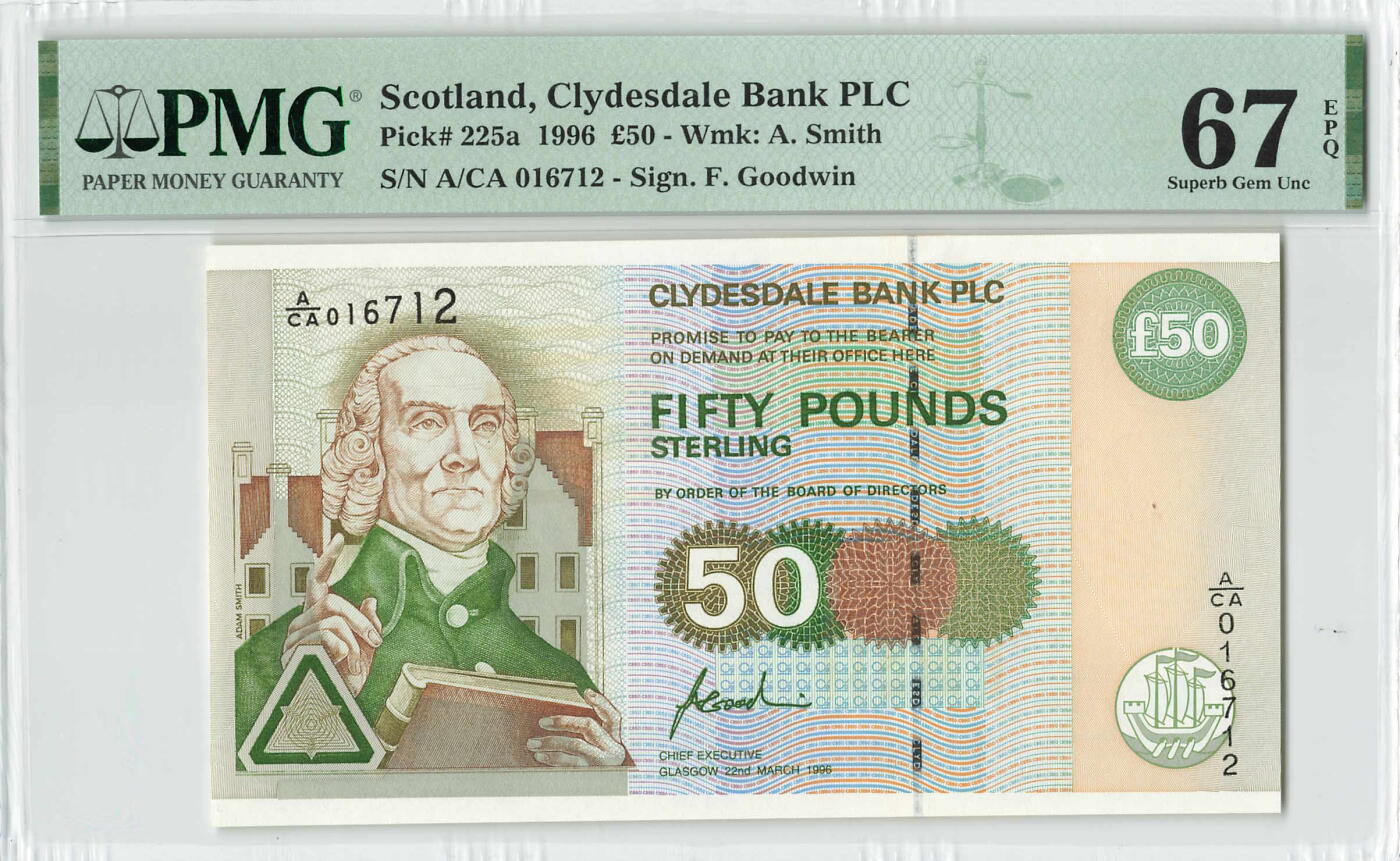 小福收藏拍卖第200期 【庆典场 中拍就有好礼相赠】评级币精选场 本期有捷克斯洛伐克20年100克朗慕夏作品大珍 69分倒置百位号布隆迪世界最大纸币  35年版加拿大经典 苏格兰格拉斯哥大学500年纪念钞倒置小号 卡塔尔80年100里亚尔冠军分 美国教育券 意大利拉斐尔 乌克兰 库克群岛 墨西哥 南斯拉夫 亚美尼亚等多国精美高分珍稀老钞精品纸币 苏格兰 克莱斯勒戴尔银行 1996年 50镑 经济学之父亚当斯密 首发年 首发A冠 PMG67 EPQ 亚军分（冠军分仅1枚）