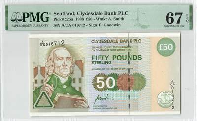 小福收藏拍卖第200期 【庆典场 中拍就有好礼相赠】评级币精选场 本期有捷克斯洛伐克20年100克朗慕夏作品大珍 69分倒置百位号布隆迪世界最大纸币  35年版加拿大经典 苏格兰格拉斯哥大学500年纪念钞倒置小号 卡塔尔80年100里亚尔冠军分 美国教育券 意大利拉斐尔 乌克兰 库克群岛 墨西哥 南斯拉夫 亚美尼亚等多国精美高分珍稀老钞精品纸币 - 苏格兰 克莱斯勒戴尔银行 1996年 50镑 经济学之父亚当斯密 首发年 首发A冠 PMG67 EPQ 亚军分（冠军分仅1枚）