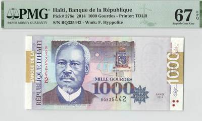 小福收藏拍卖第200期 【庆典场 中拍就有好礼相赠】评级币精选场 本期有捷克斯洛伐克20年100克朗慕夏作品大珍 69分倒置百位号布隆迪世界最大纸币  35年版加拿大经典 苏格兰格拉斯哥大学500年纪念钞倒置小号 卡塔尔80年100里亚尔冠军分 美国教育券 意大利拉斐尔 乌克兰 库克群岛 墨西哥 南斯拉夫 亚美尼亚等多国精美高分珍稀老钞精品纸币 - 海地 2014年 1000古德 PMG67 EPQ 冠军分！！！