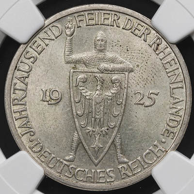 修遠堂世界钱币第九十九期 - NGC MS62 1925年德国魏玛共和国-莱茵兰千年纪念3马克银币 J厂铭 少见厂铭