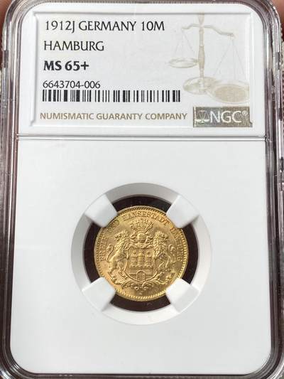 万国钱币拍卖第058期（万国新年大拍） - NGC MS65+ 1913年德国汉堡双狮护盾长翅流通10马克金币 经典自由市名品 丝绸金光BU收藏级 3.98g 900金 目前黄金一天一价 把握机会