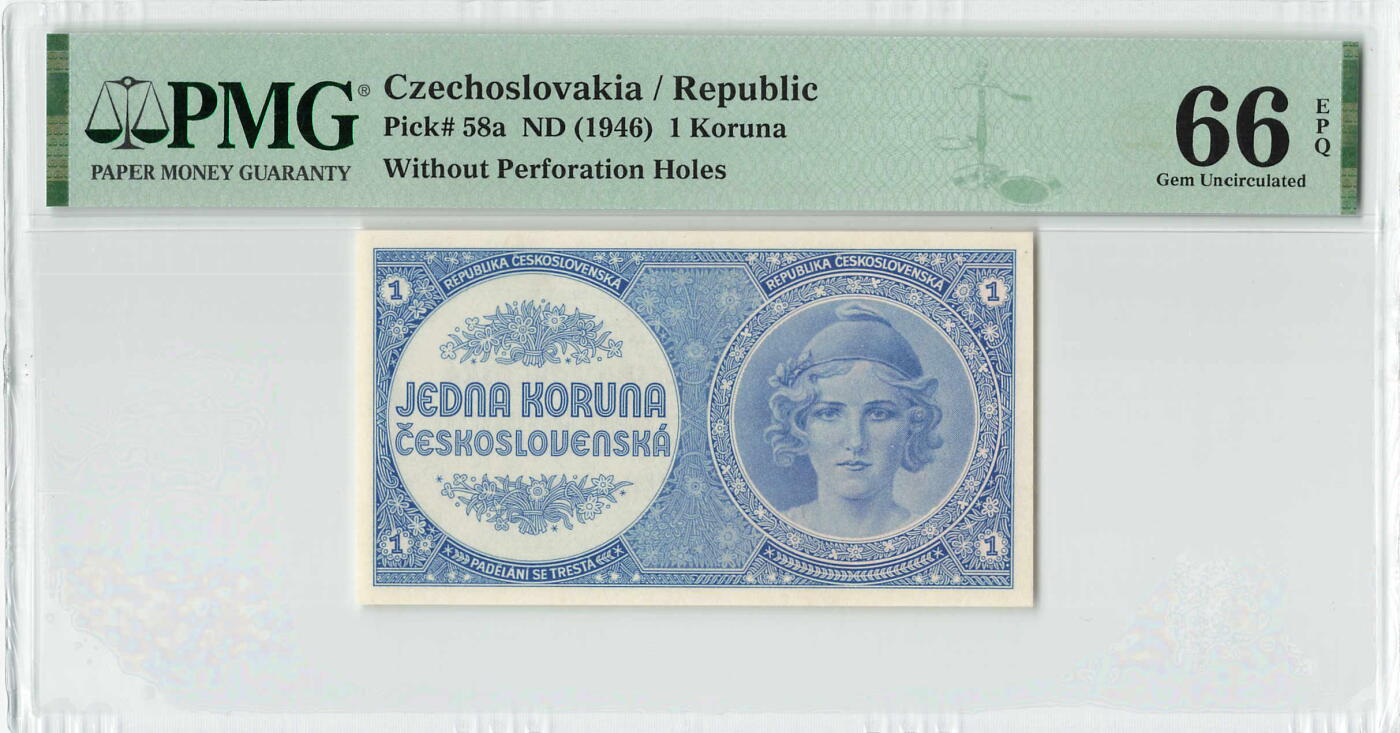 小福收藏拍卖第200期 【庆典场 中拍就有好礼相赠】评级币精选场 本期有捷克斯洛伐克20年100克朗慕夏作品大珍 69分倒置百位号布隆迪世界最大纸币  35年版加拿大经典 苏格兰格拉斯哥大学500年纪念钞倒置小号 卡塔尔80年100里亚尔冠军分 美国教育券 意大利拉斐尔 乌克兰 库克群岛 墨西哥 南斯拉夫 亚美尼亚等多国精美高分珍稀老钞精品纸币 捷克斯洛伐克 1946年 1克朗 实钞 PMG66 EPQ 季军分