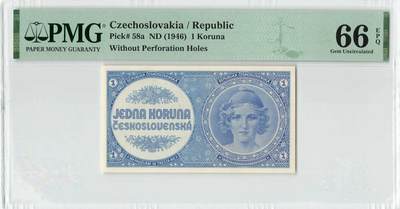 小福收藏拍卖第200期 【庆典场 中拍就有好礼相赠】评级币精选场 本期有捷克斯洛伐克20年100克朗慕夏作品大珍 69分倒置百位号布隆迪世界最大纸币  35年版加拿大经典 苏格兰格拉斯哥大学500年纪念钞倒置小号 卡塔尔80年100里亚尔冠军分 美国教育券 意大利拉斐尔 乌克兰 库克群岛 墨西哥 南斯拉夫 亚美尼亚等多国精美高分珍稀老钞精品纸币 - 捷克斯洛伐克 1946年 1克朗 实钞 PMG66 EPQ 季军分