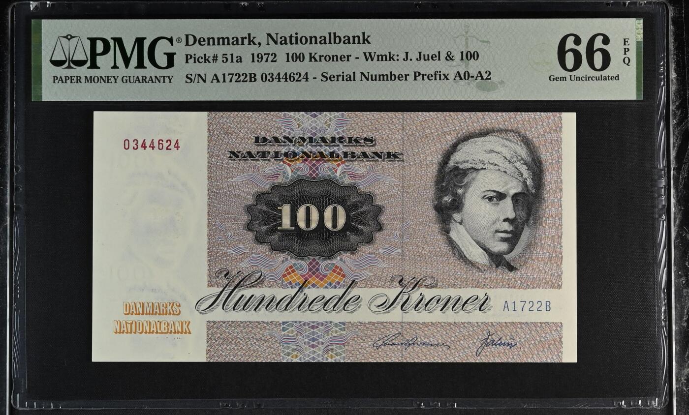 《艾美收藏》第226期-12.28周日外币精品场-蛇年收官 丹麦1972年初版A1冠100克朗PMG66E 更高分仅5张 大蛾子 Pick#51a