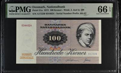 《艾美收藏》第226期-12.28周日外币精品场-蛇年收官 - 丹麦1972年初版A1冠100克朗PMG66E 更高分仅5张 大蛾子 Pick#51a