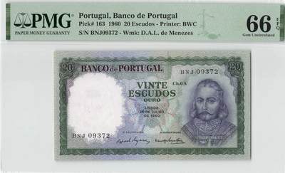 小福收藏拍卖第198期 评级币精选场  本期有菲律宾百位靓号100000比索超大纪念钞 苏里南25000盾花鸟版最高值 柬埔寨珍品56年50瑞尔 南越未发行版最高值打飞机  巴哈马彩背 老挝中国代印57年样钞 匈牙利 斯洛伐克 法罗群岛等多国精美高分珍稀老钞精品纸币 - 葡萄牙 1960年 20埃斯库多 千位号 PMG66 EPQ 冠军分！！！