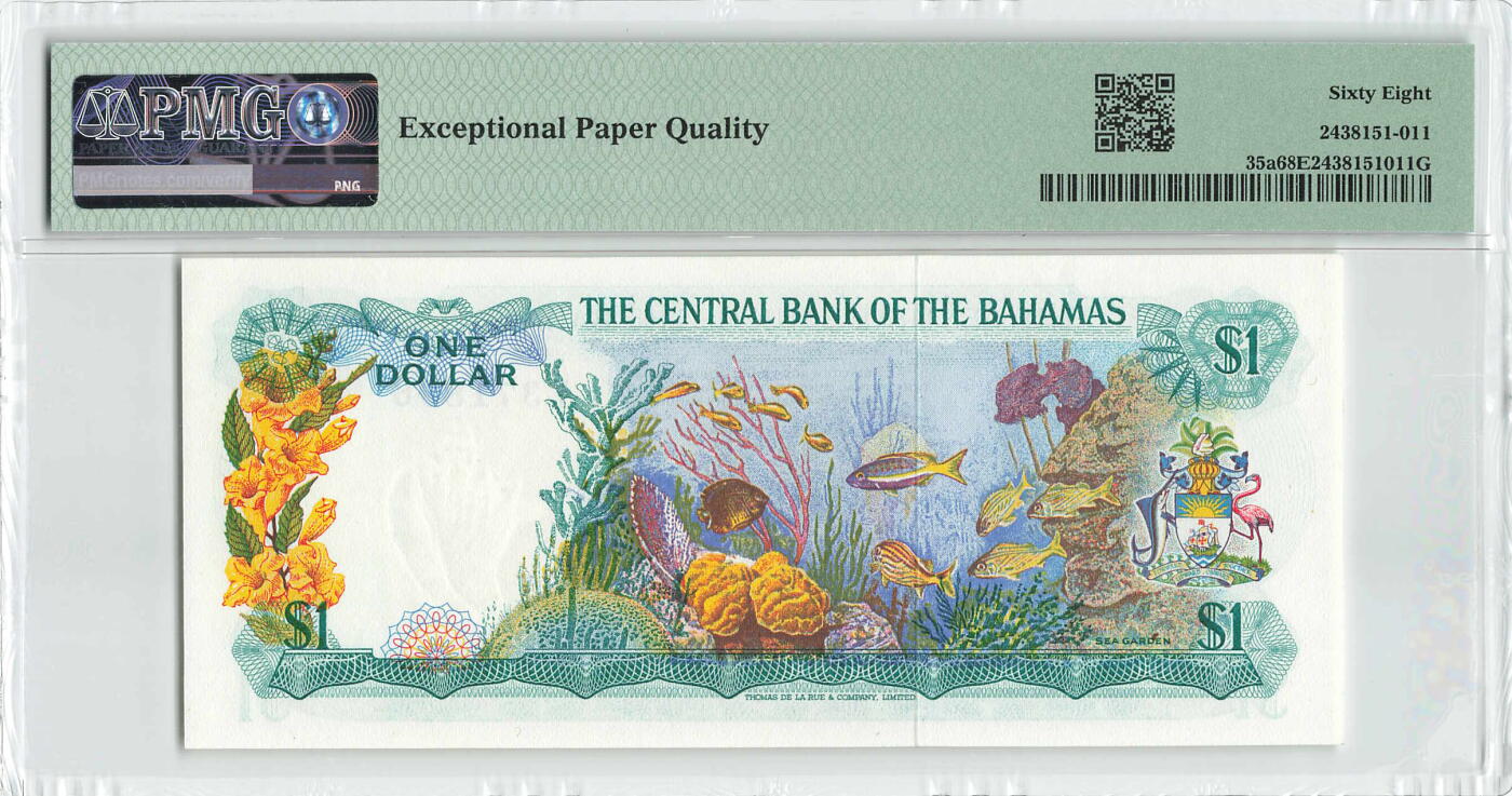 小福收藏拍卖第198期 评级币精选场  本期有菲律宾百位靓号100000比索超大纪念钞 苏里南25000盾花鸟版最高值 柬埔寨珍品56年50瑞尔 南越未发行版最高值打飞机  巴哈马彩背 老挝中国代印57年样钞 匈牙利 斯洛伐克 法罗群岛等多国精美高分珍稀老钞精品纸币 巴哈马 1974年 1元 彩背 PMG68 EPQ 冠军分！！！