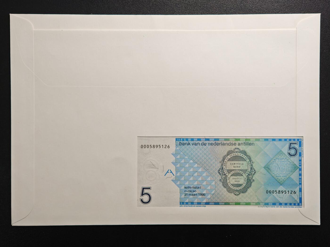 【德藏】世界币章拍卖第159期(元旦专场拍卖) 1988年 荷属安的列斯5盾纸币邮票纪念封