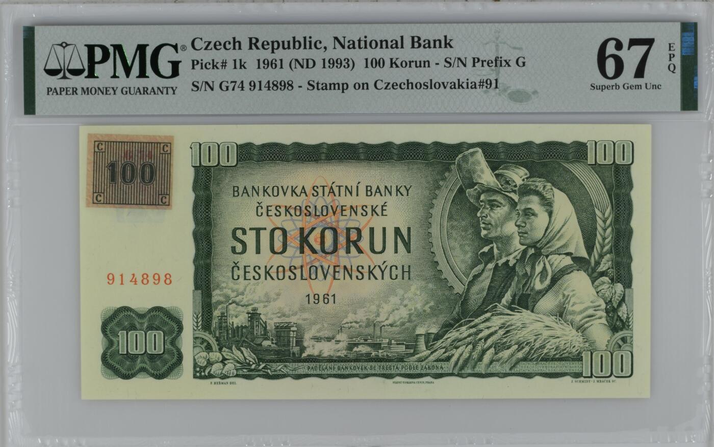 《艾美收藏》第226期-12.28周日外币精品场-蛇年收官 捷克共和国1961(ND1993)年加盖邮票版100克朗PMG67E亚军分尾8 冠军68分仅3张 Pick#1k