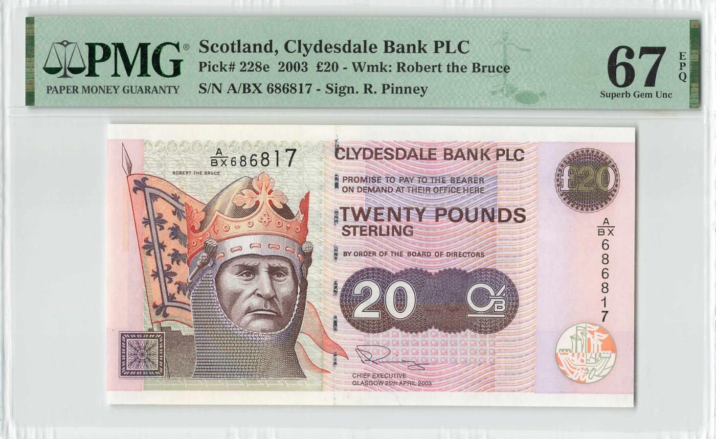 小福收藏拍卖第200期 【庆典场 中拍就有好礼相赠】评级币精选场 本期有捷克斯洛伐克20年100克朗慕夏作品大珍 69分倒置百位号布隆迪世界最大纸币  35年版加拿大经典 苏格兰格拉斯哥大学500年纪念钞倒置小号 卡塔尔80年100里亚尔冠军分 美国教育券 意大利拉斐尔 乌克兰 库克群岛 墨西哥 南斯拉夫 亚美尼亚等多国精美高分珍稀老钞精品纸币 苏格兰 克莱斯勒戴尔银行 2003年 20镑 PMG67 EPQ 亚军分（冠军分仅2枚）