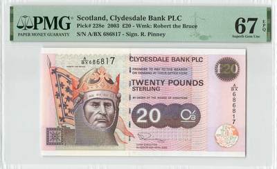 小福收藏拍卖第200期 【庆典场 中拍就有好礼相赠】评级币精选场 本期有捷克斯洛伐克20年100克朗慕夏作品大珍 69分倒置百位号布隆迪世界最大纸币  35年版加拿大经典 苏格兰格拉斯哥大学500年纪念钞倒置小号 卡塔尔80年100里亚尔冠军分 美国教育券 意大利拉斐尔 乌克兰 库克群岛 墨西哥 南斯拉夫 亚美尼亚等多国精美高分珍稀老钞精品纸币 - 苏格兰 克莱斯勒戴尔银行 2003年 20镑 PMG67 EPQ 亚军分（冠军分仅2枚）