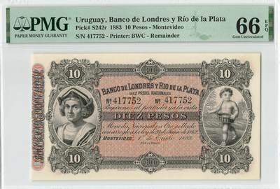 小福收藏拍卖第200期 【庆典场 中拍就有好礼相赠】评级币精选场 本期有捷克斯洛伐克20年100克朗慕夏作品大珍 69分倒置百位号布隆迪世界最大纸币  35年版加拿大经典 苏格兰格拉斯哥大学500年纪念钞倒置小号 卡塔尔80年100里亚尔冠军分 美国教育券 意大利拉斐尔 乌克兰 库克群岛 墨西哥 南斯拉夫 亚美尼亚等多国精美高分珍稀老钞精品纸币 - 乌拉圭 1883年 10比索 哥伦布 142年老钞 PMG66 EPQ 亚军分