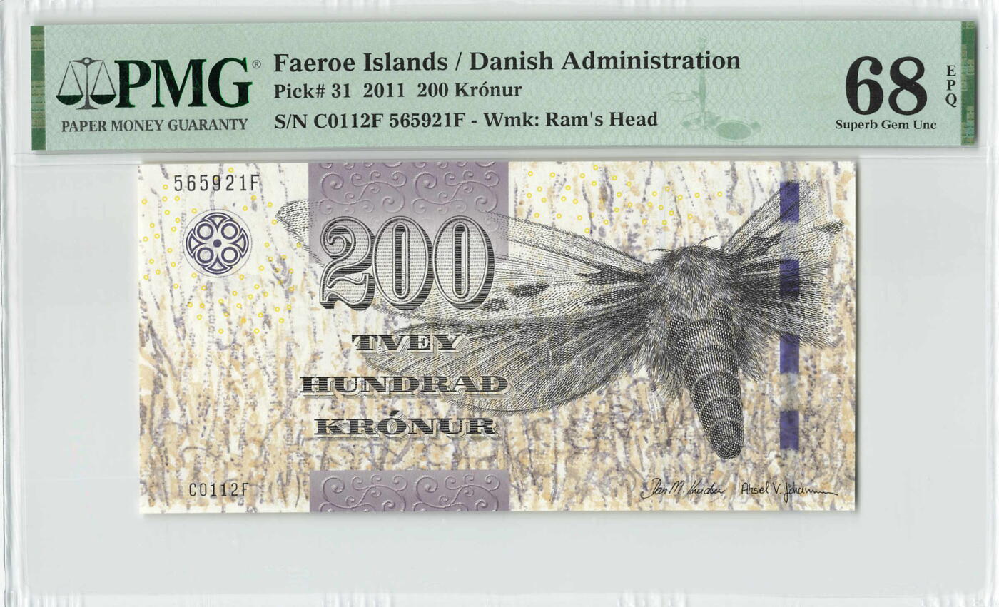 小福收藏拍卖第198期 评级币精选场  本期有菲律宾百位靓号100000比索超大纪念钞 苏里南25000盾花鸟版最高值 柬埔寨珍品56年50瑞尔 南越未发行版最高值打飞机  巴哈马彩背 老挝中国代印57年样钞 匈牙利 斯洛伐克 法罗群岛等多国精美高分珍稀老钞精品纸币 法罗群岛 2011年 200克朗 无47 PMG68 EPQ 季军分