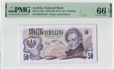 小福收藏拍卖第200期 【庆典场 中拍就有好礼相赠】评级币精选场 本期有捷克斯洛伐克20年100克朗慕夏作品大珍 69分倒置百位号布隆迪世界最大纸币  35年版加拿大经典 苏格兰格拉斯哥大学500年纪念钞倒置小号 卡塔尔80年100里亚尔冠军分 美国教育券 意大利拉斐尔 乌克兰 库克群岛 墨西哥 南斯拉夫 亚美尼亚等多国精美高分珍稀老钞精品纸币 - 奥地利 1970年 50先令 首版 PMG66 EPQ